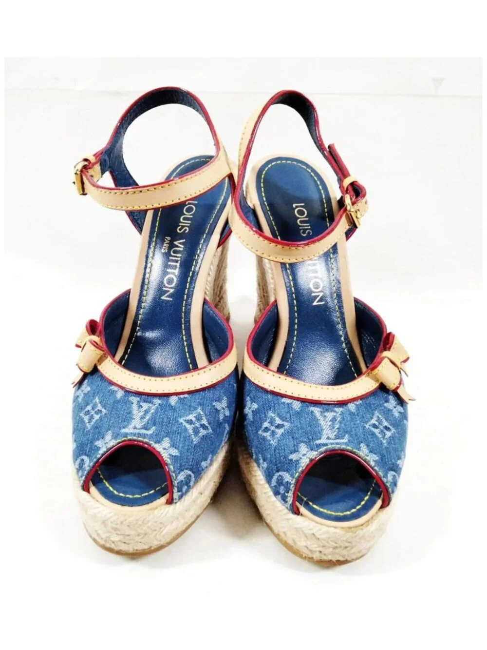 Authentic Louis Vuitton Monogram Denim Espadrille Wedge Sandals